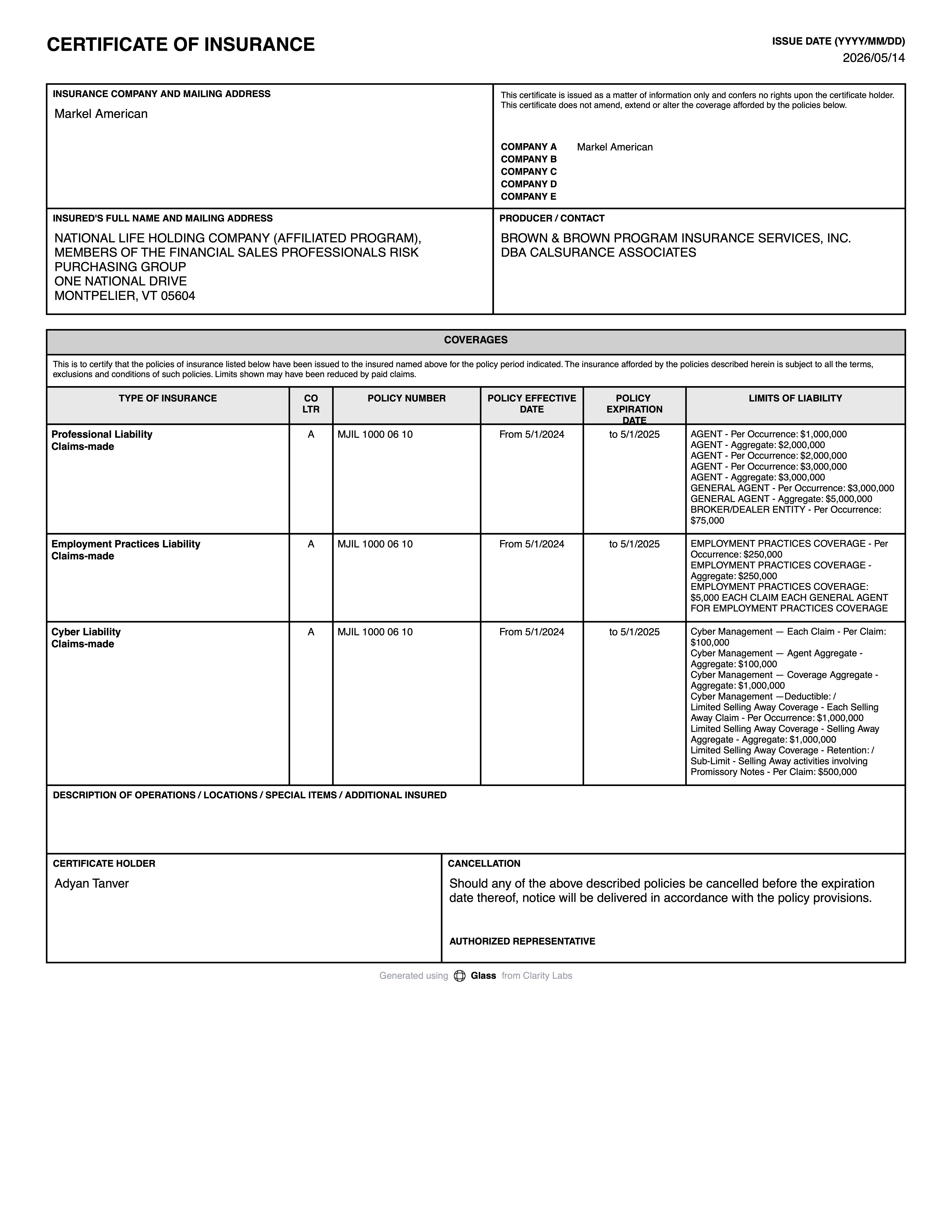 Certificate of insurance generated by Glass from a mobile request.