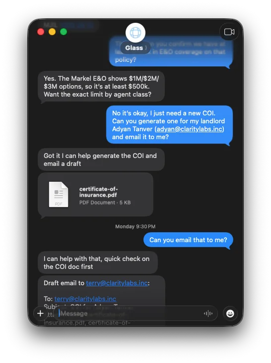 SMS and iMessage conversation with Glass confirming E&O coverage and preparing a certificate of insurance.
