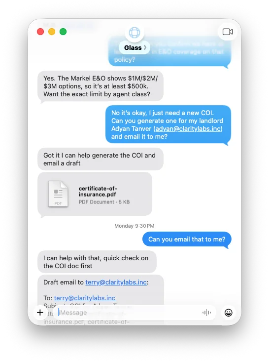 SMS and iMessage conversation with Glass confirming E&O coverage and preparing a certificate of insurance.